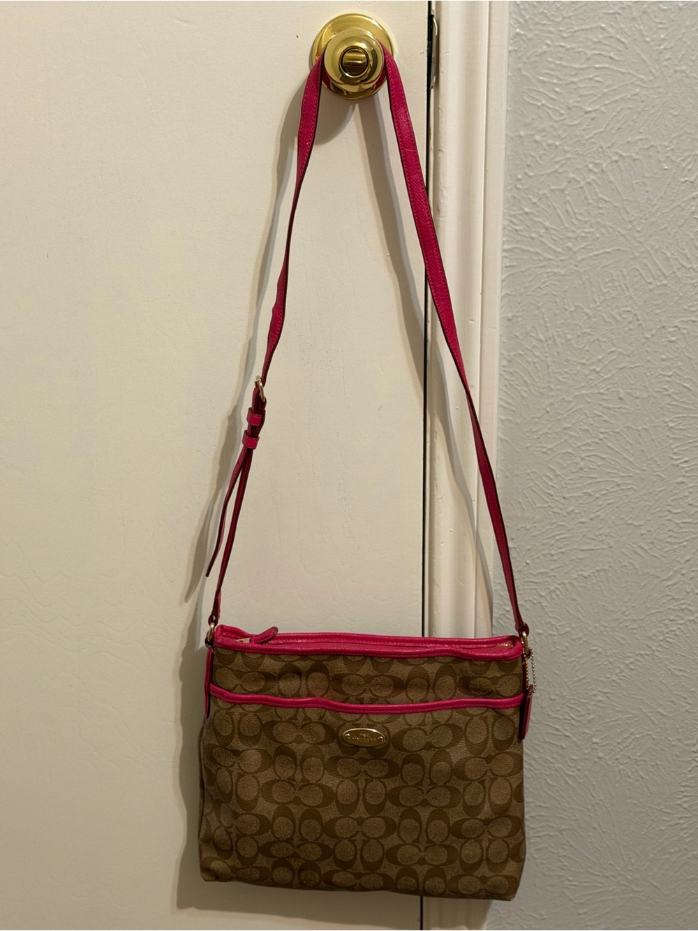 Coach Brown Signature Crossbody with Pink Trim